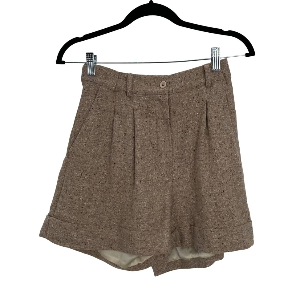 303 Avenue Womens Tan Beige Wool Blend Tweed Pleated Shorts Size M/L